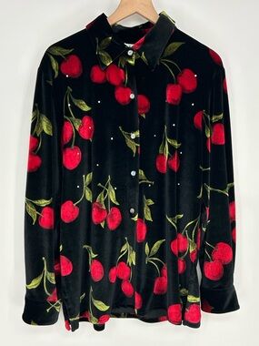 "NWT" The‎ Quacker Factory Black Velvet Plush Cherry Embellished Top -L
